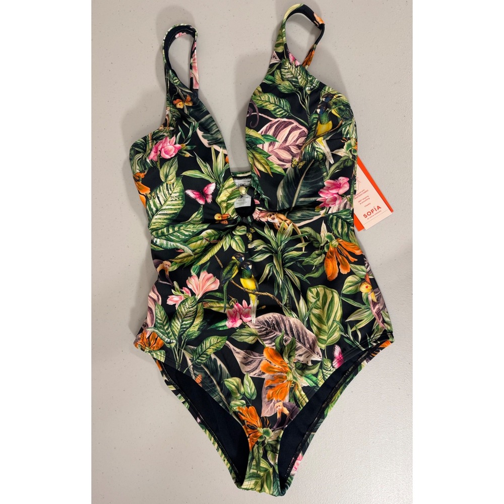 Sofia Vergara Swimsuit Women M (8-10) Black Rainforest 1pc Tropical Jungle NEW